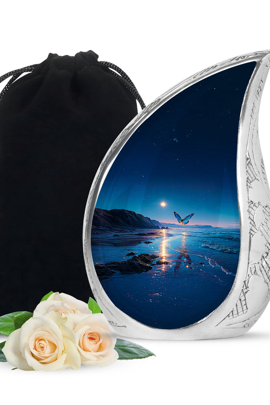 Vivid Blue Butterfly Cremation Urn front view showing detailed design - smooth teardrop contour featuring butterfly art - full-size 10 inch 200 cubic inch adult cremation urn