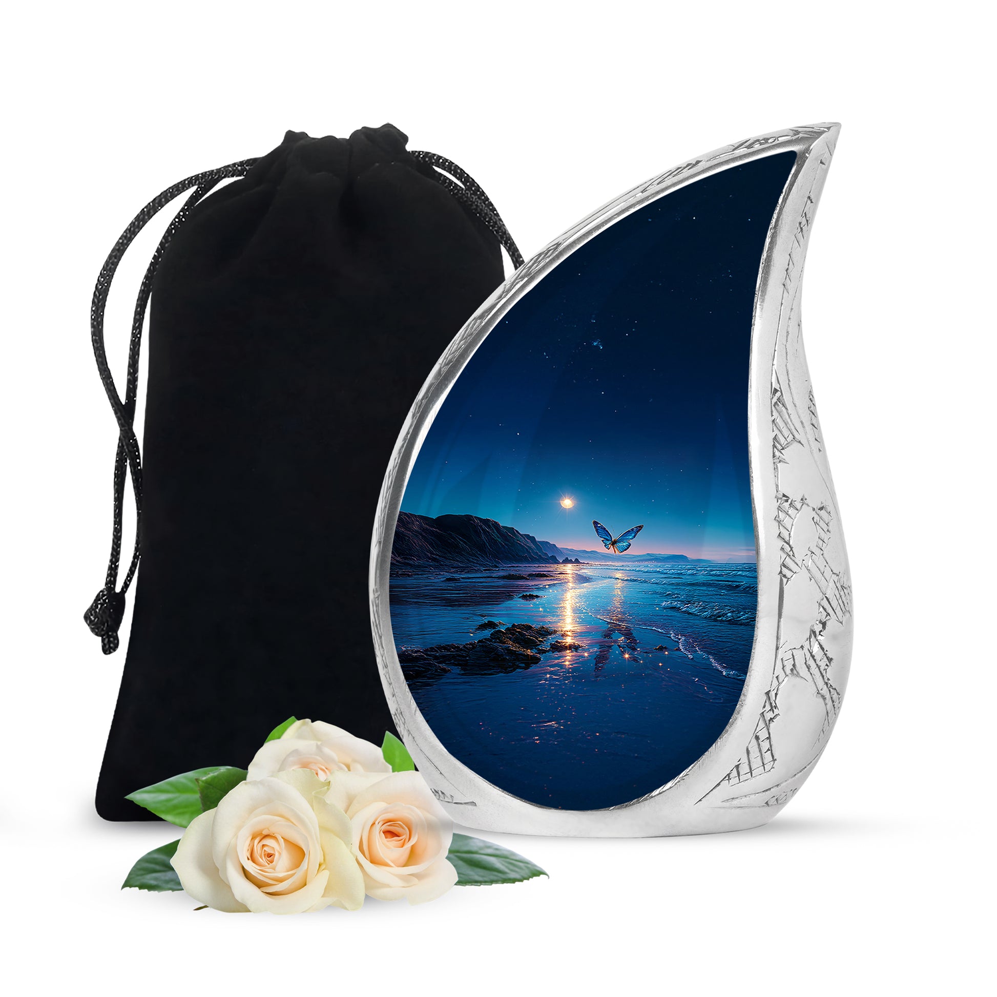 Vivid Blue Butterfly Cremation Urn front view showing detailed design - smooth teardrop contour featuring butterfly art - full-size 10 inch 200 cubic inch adult cremation urn