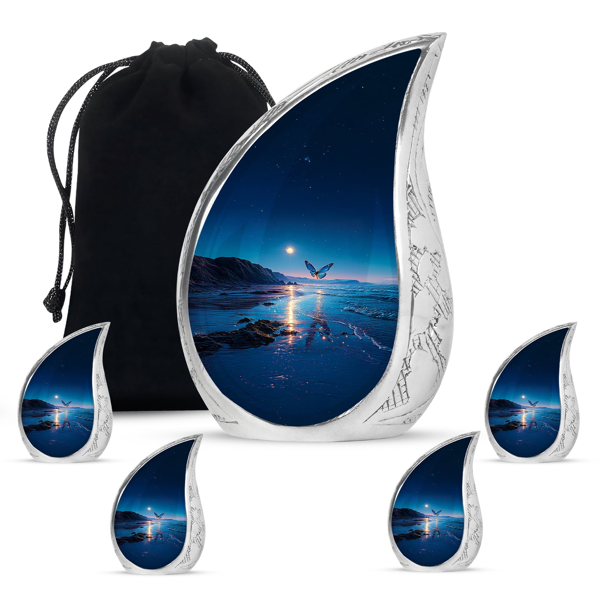 Bright Blue Butterfly Cremation Urn side profile showing urn shape - smooth teardrop contour featuring butterfly art - memorial set with one large and four small urns