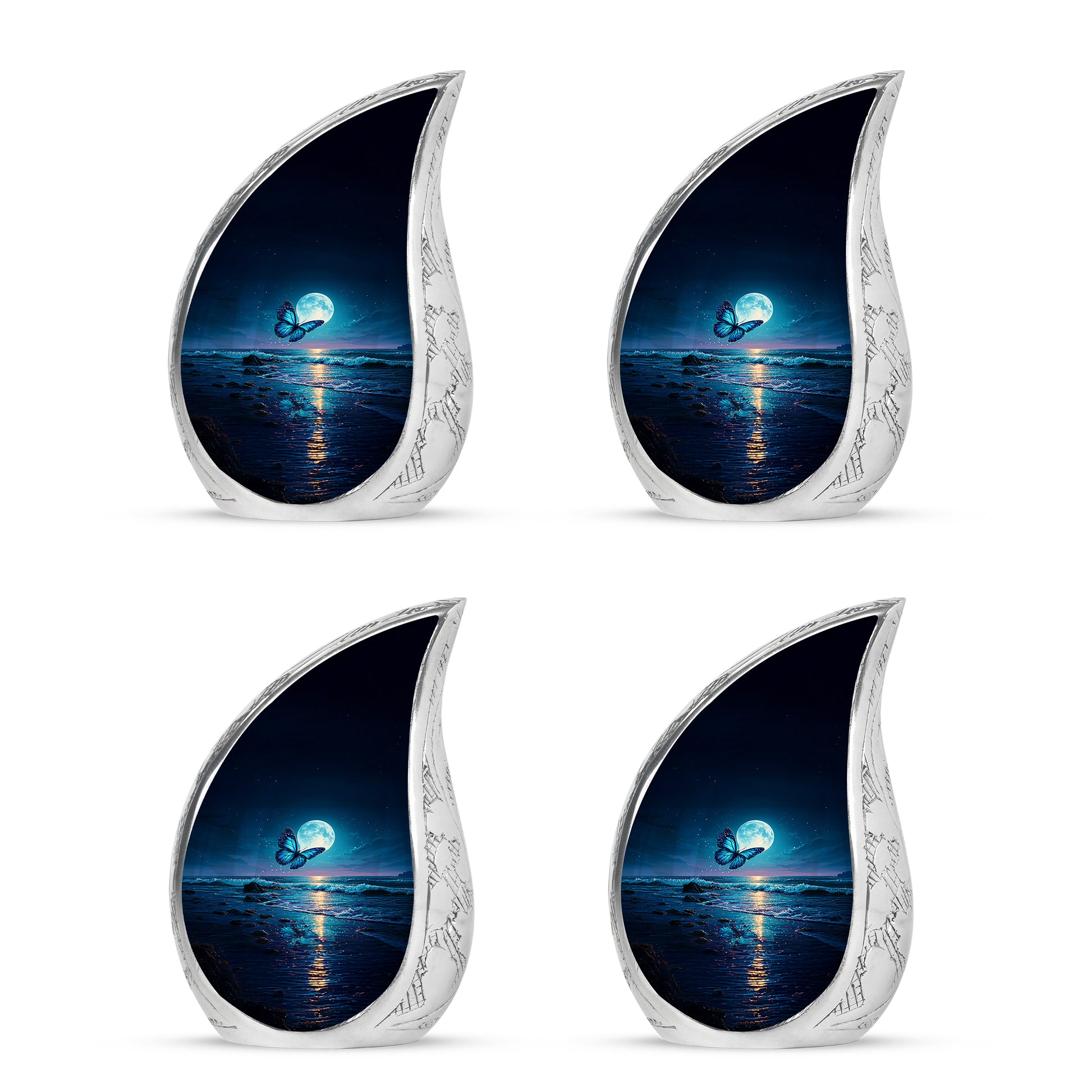 Cobalt Blue Butterfly Cremation Urn close-up of engraving and surface detail - graceful tear-shaped urn with butterfly motif - 10 inch aluminum urn for cremated remains