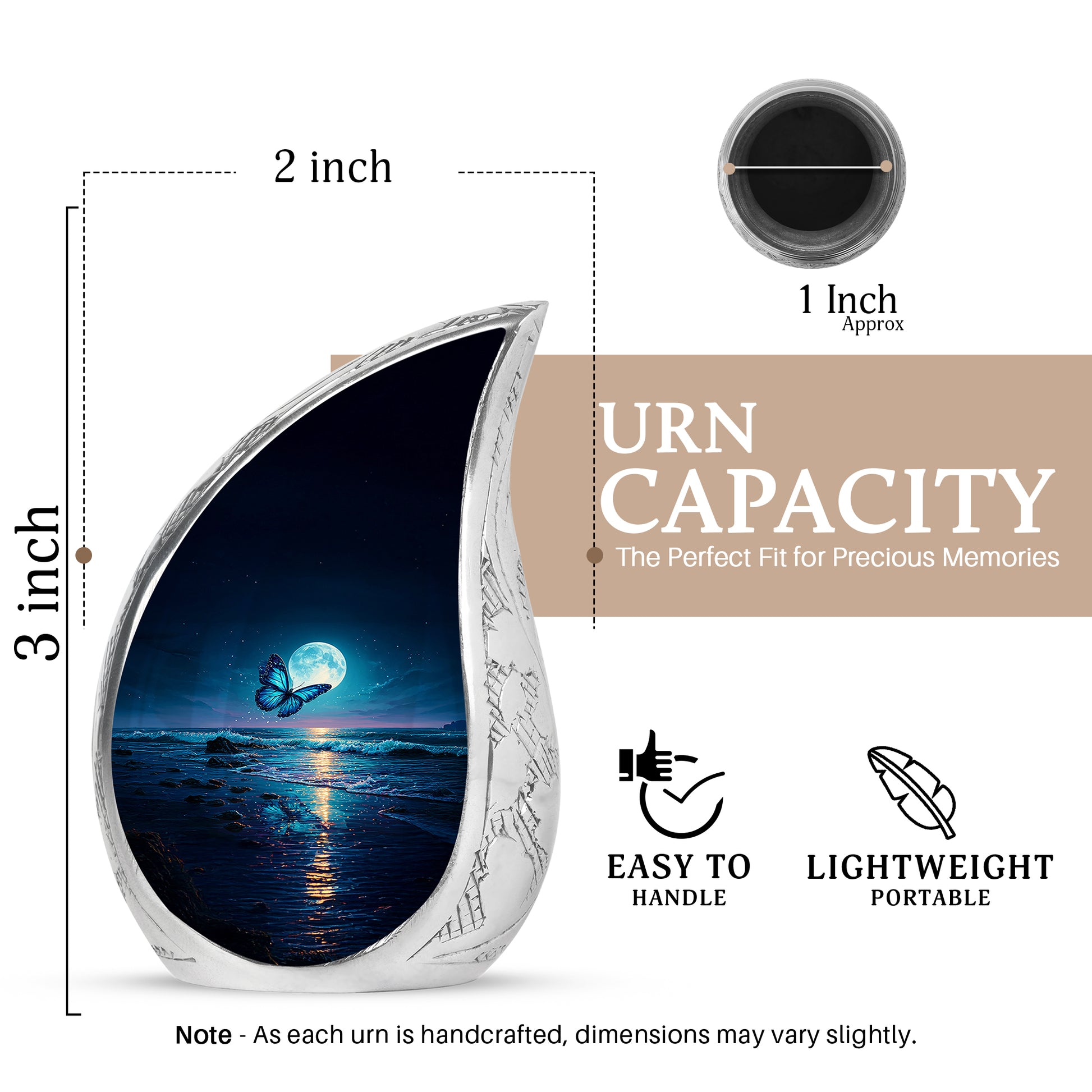 Navy Blue Butterfly Cremation Urn angled view of lid and engraved motif - flowing teardrop butterfly silhouette on curved aluminum - mini keepsake memorial for portion of cremation ashes