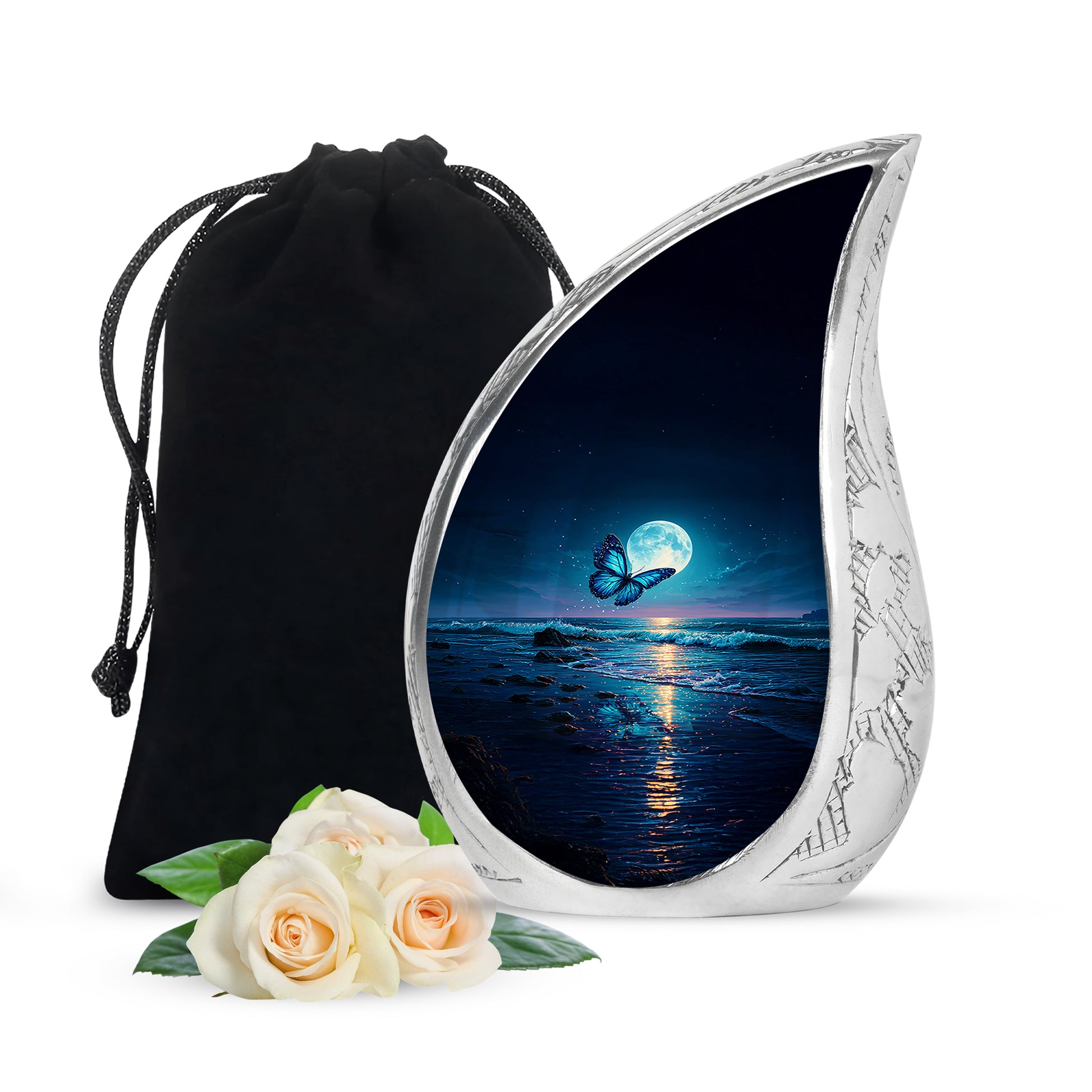 Slate Blue Butterfly Cremation Urn front view showing detailed design - flowing teardrop butterfly silhouette on curved aluminum - full-size 10 inch 200 cubic inch adult cremation urn
