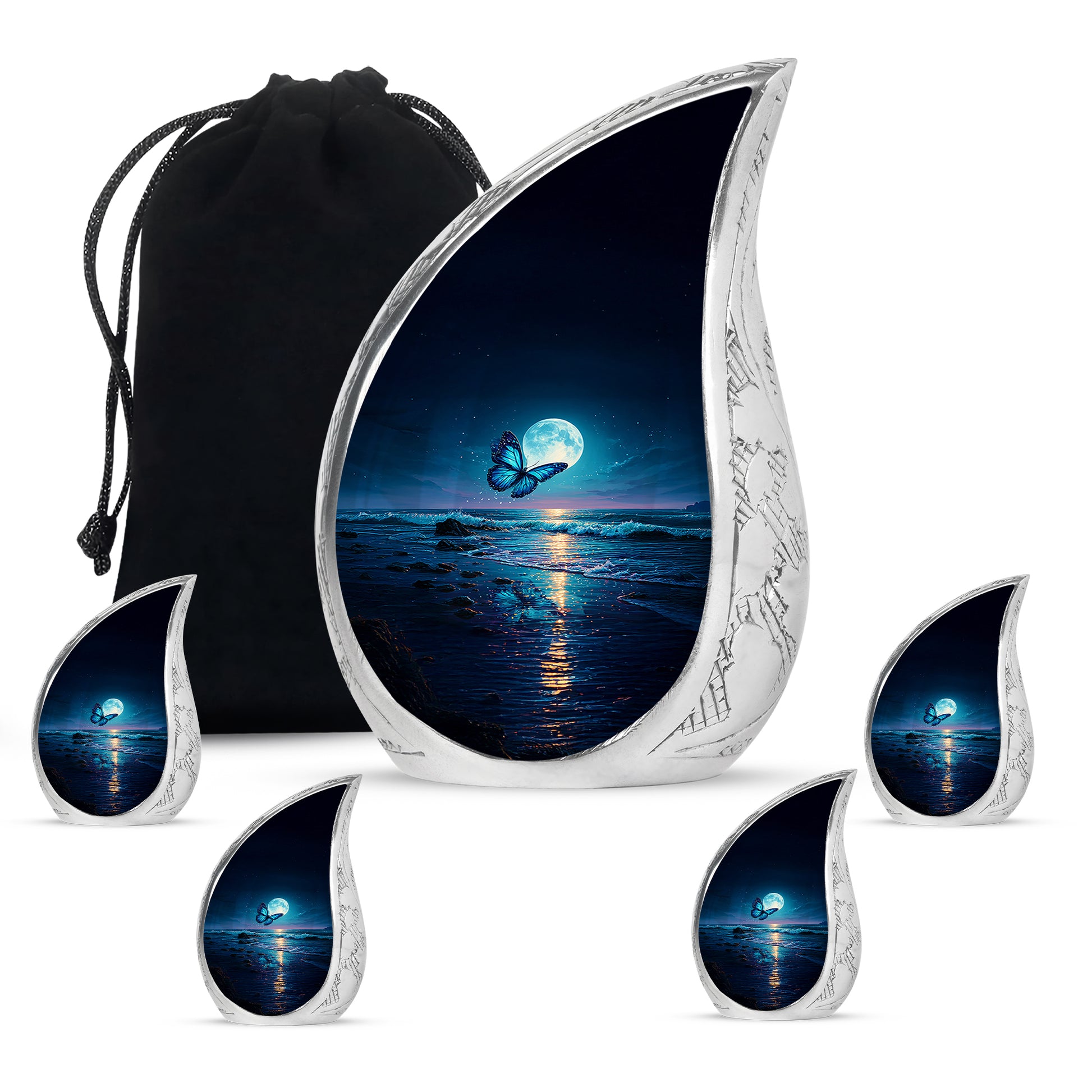 Navy Blue Butterfly Cremation Urn side profile showing urn shape - rounded teardrop butterfly design with delicate detail - memorial set with one large and four small urns
