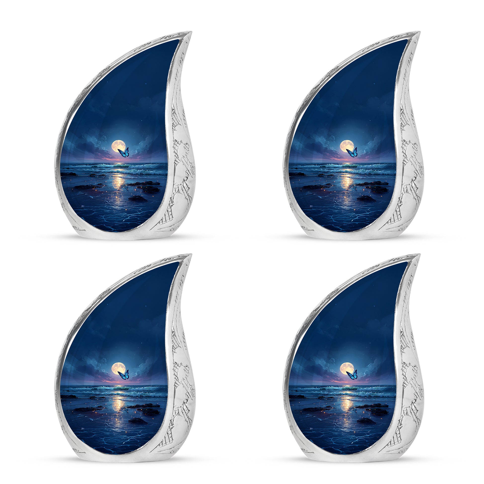 Vivid Blue Butterfly Cremation Urn close-up of engraving and surface detail - graceful tear-shaped urn with butterfly motif - 10 inch aluminum urn for cremated remains