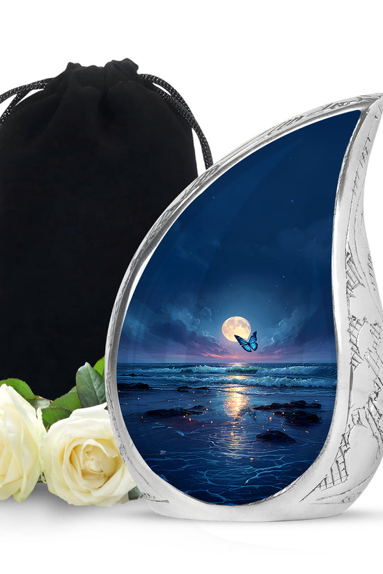 Royal Blue Butterfly Cremation Urn front view showing detailed design - smooth teardrop contour featuring butterfly art - full-size 10 inch 200 cubic inch adult cremation urn