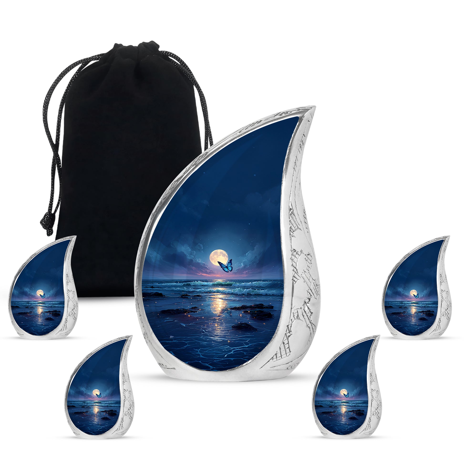 Vivid Blue Butterfly Cremation Urn side profile showing urn shape - smooth teardrop contour featuring butterfly art - memorial set with one large and four small urns