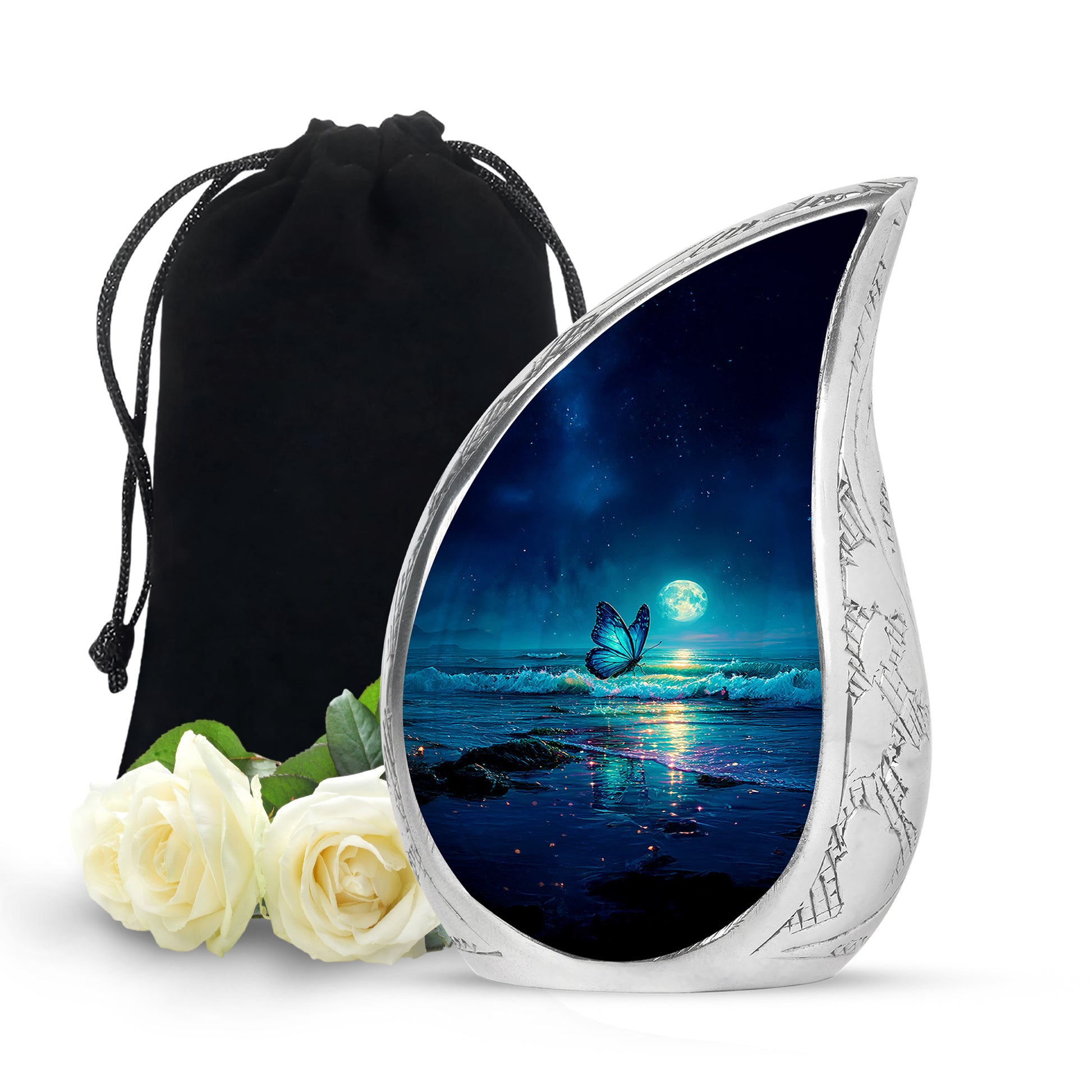 Indigo Butterfly Cremation Urn front view showing detailed design - flowing teardrop butterfly silhouette on curved aluminum - full-size 10 inch 200 cubic inch adult cremation urn