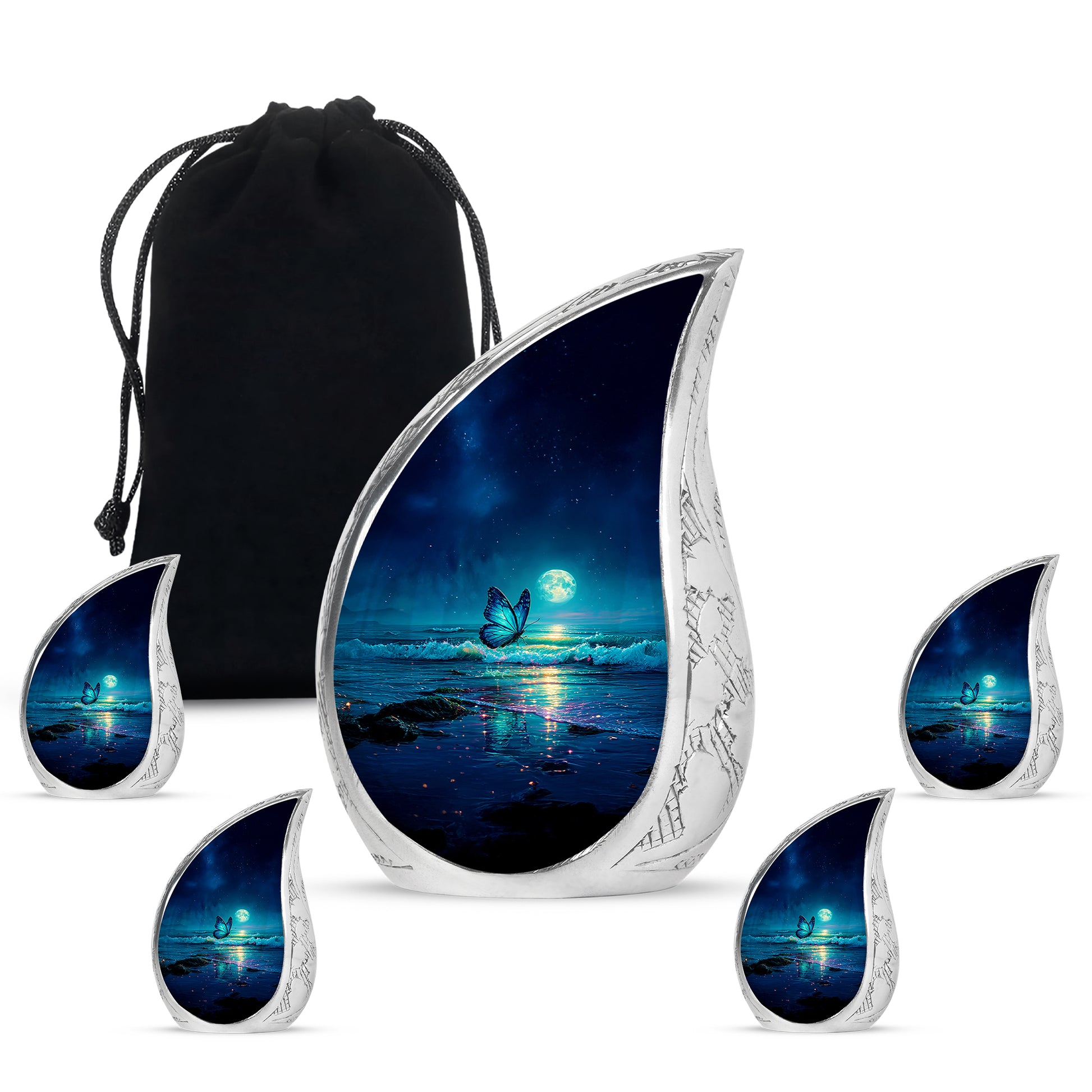 Dusty Blue Butterfly Cremation Urn side profile showing urn shape - flowing teardrop butterfly silhouette on curved aluminum - memorial set with one large and four small urns