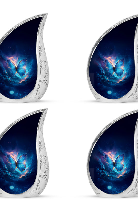 Steel Blue Butterfly Cremation Urn close-up of engraving and surface detail - graceful tear-shaped urn with butterfly motif - 10 inch aluminum urn for cremated remains