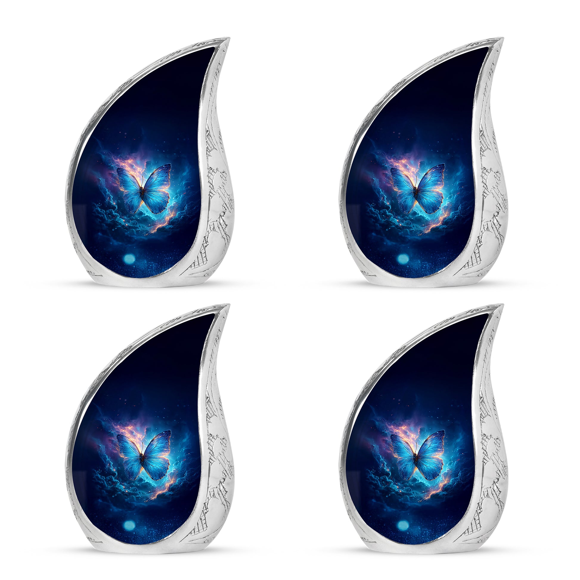 Steel Blue Butterfly Cremation Urn close-up of engraving and surface detail - graceful tear-shaped urn with butterfly motif - 10 inch aluminum urn for cremated remains