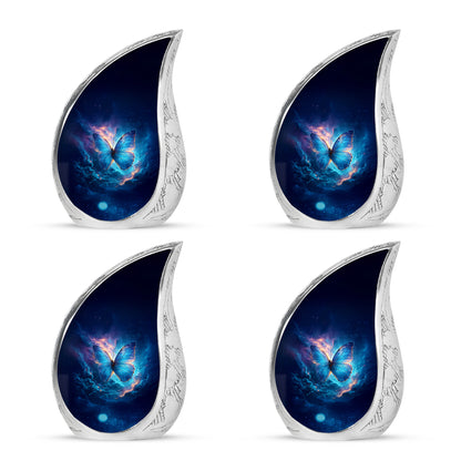 Steel Blue Butterfly Cremation Urn close-up of engraving and surface detail - graceful tear-shaped urn with butterfly motif - 10 inch aluminum urn for cremated remains