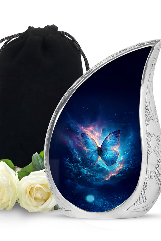 Dusty Blue Butterfly Cremation Urn front view showing detailed design - rounded teardrop butterfly design with delicate detail - full-size 10 inch 200 cubic inch adult cremation urn