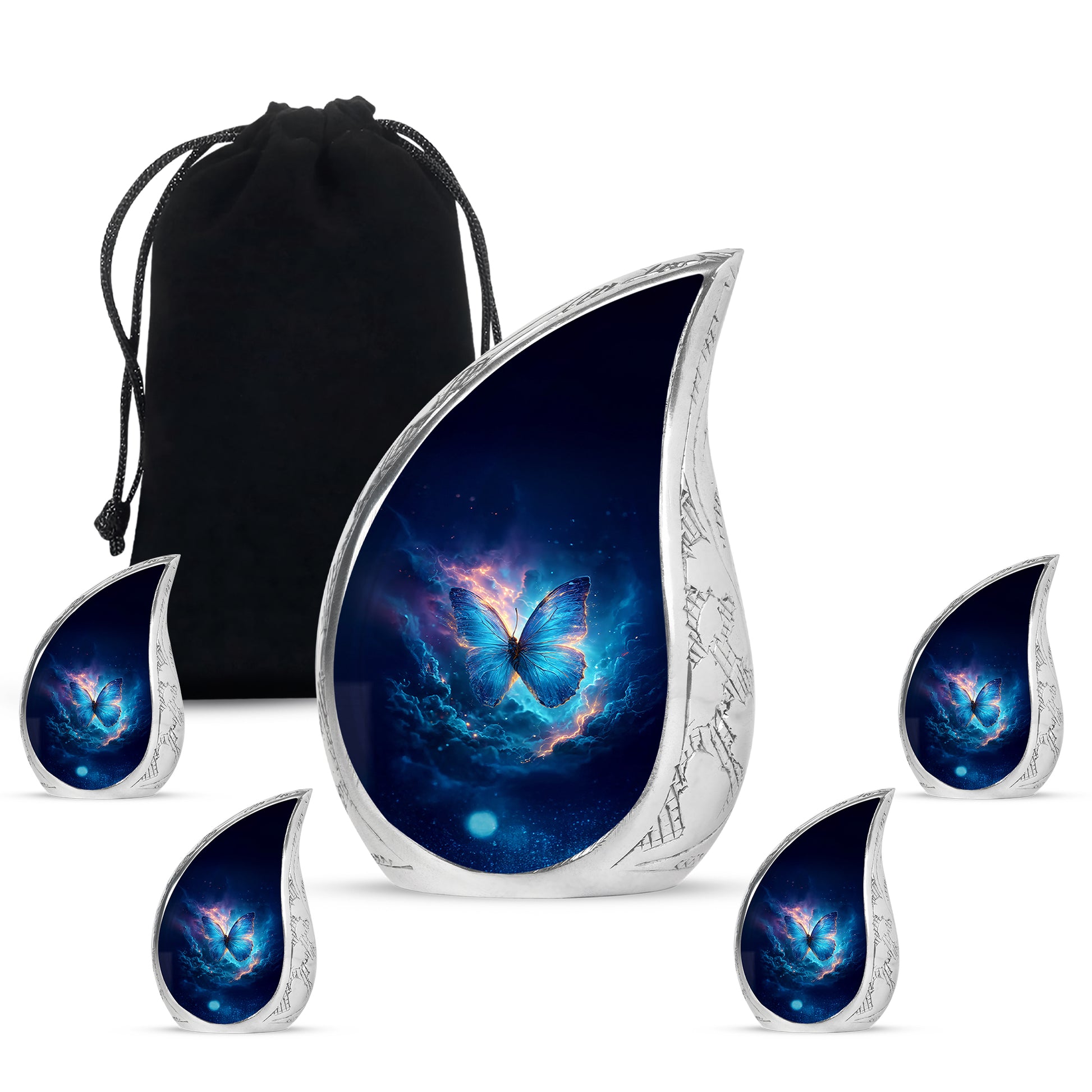Powder Blue Butterfly Cremation Urn side profile showing urn shape - flowing teardrop butterfly silhouette on curved aluminum - memorial set with one large and four small urns