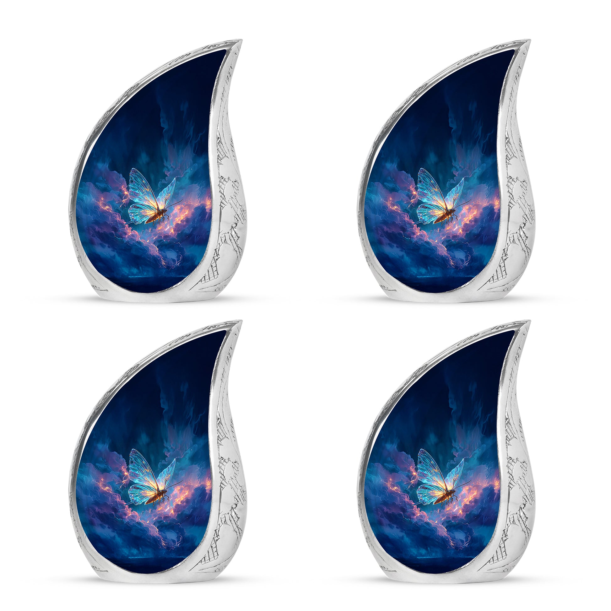 Azure Butterfly Cremation Urn close-up of engraving and surface detail - flowing teardrop butterfly silhouette on curved aluminum - 10 inch aluminum urn for cremated remains