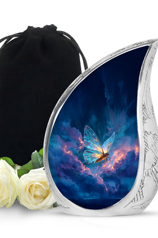 Serene Blue Butterfly Cremation Urn front view showing detailed design - graceful tear-shaped urn with butterfly motif - full-size 10 inch 200 cubic inch adult cremation urn