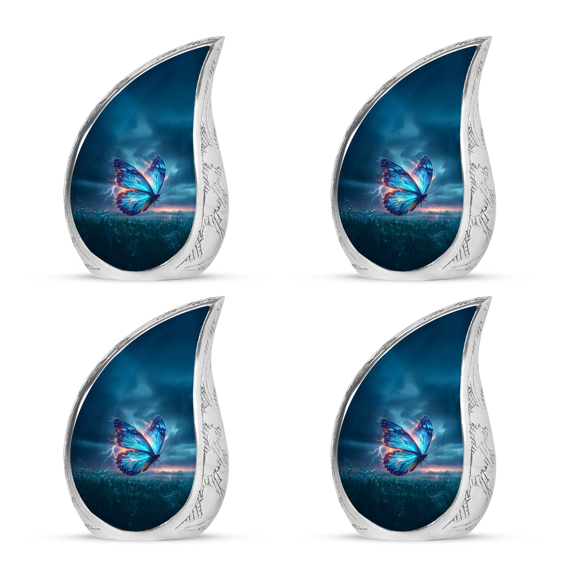 Vivid Blue Butterfly Cremation Urn close-up of engraving and surface detail - smooth teardrop contour featuring butterfly art - 10 inch aluminum urn for cremated remains