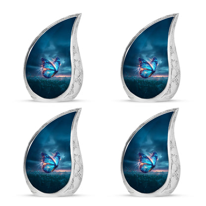 Vivid Blue Butterfly Cremation Urn close-up of engraving and surface detail - smooth teardrop contour featuring butterfly art - 10 inch aluminum urn for cremated remains