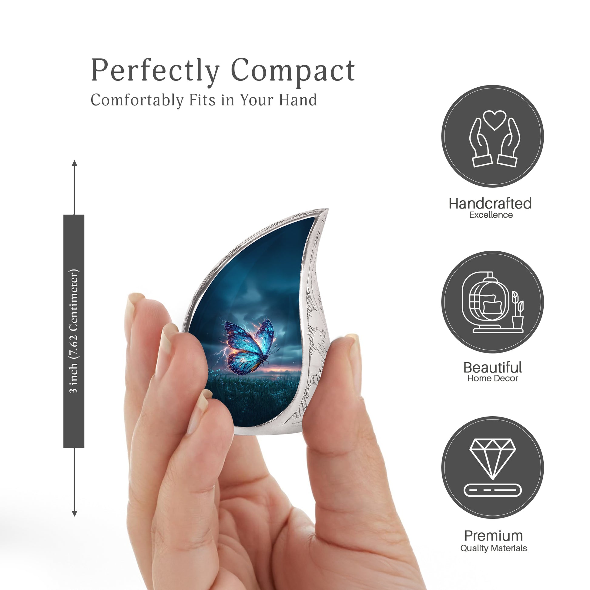 Serene Blue Butterfly Cremation Urn angled view of lid and engraved motif - smooth teardrop contour featuring butterfly art - mini keepsake memorial for portion of cremation ashes