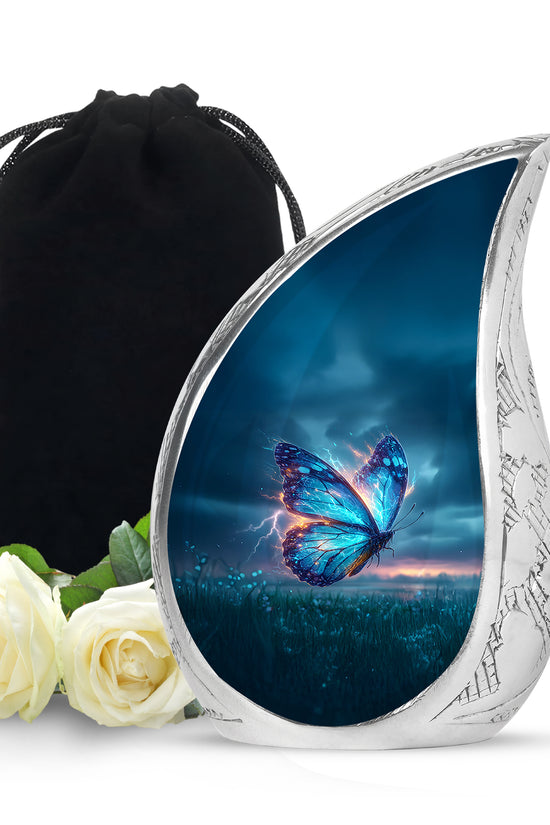 Steel Blue Butterfly Cremation Urn front view showing detailed design - graceful tear-shaped urn with butterfly motif - full-size 10 inch 200 cubic inch adult cremation urn