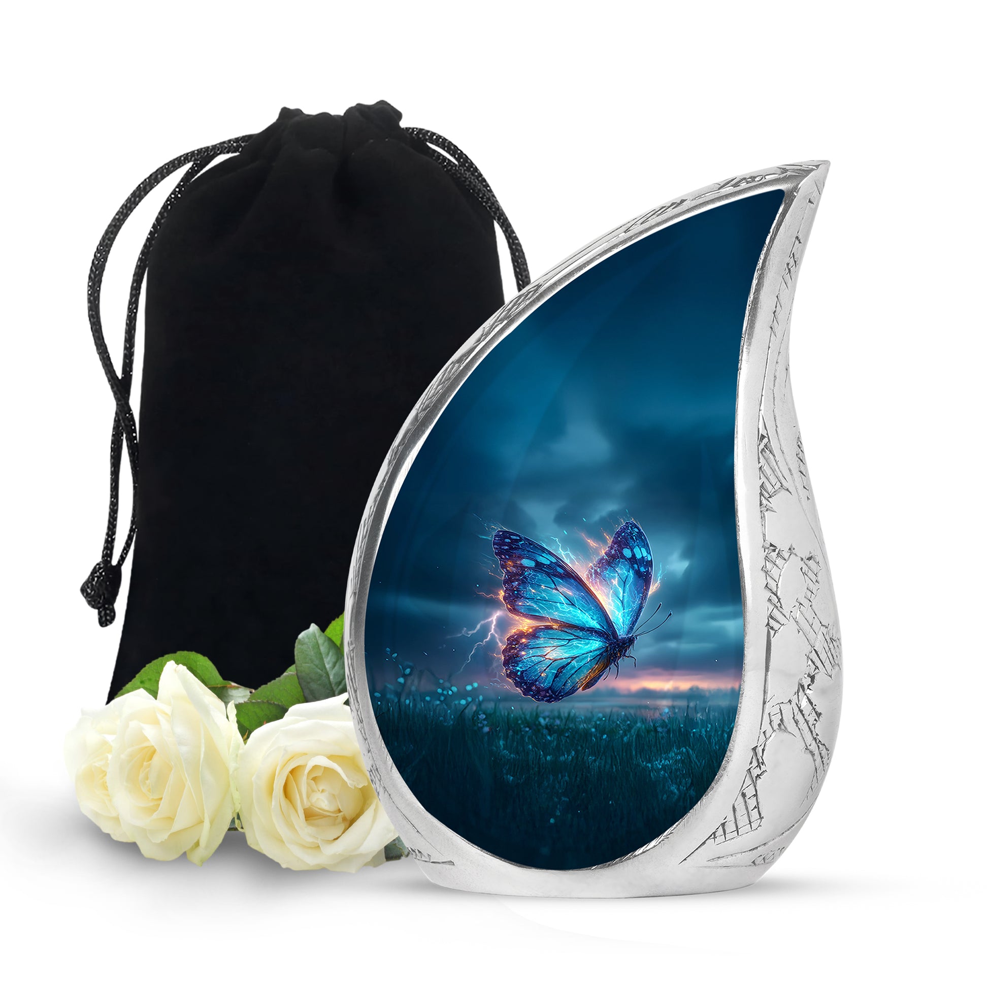 Steel Blue Butterfly Cremation Urn front view showing detailed design - graceful tear-shaped urn with butterfly motif - full-size 10 inch 200 cubic inch adult cremation urn