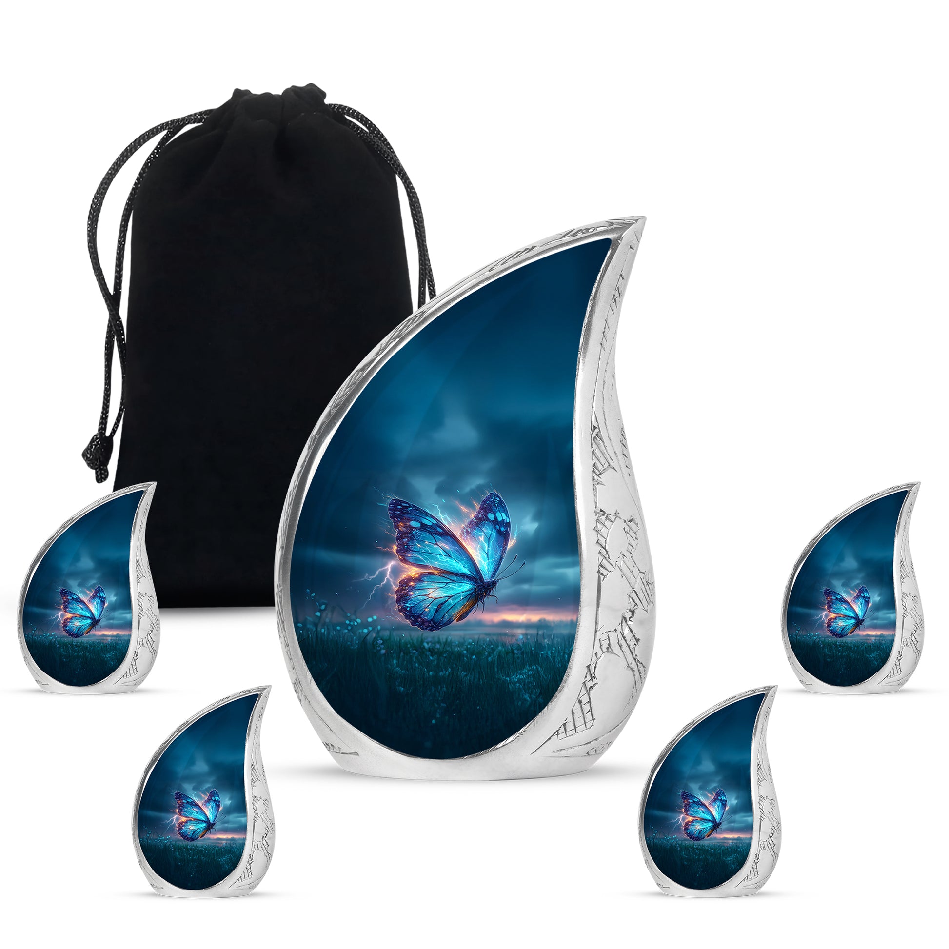 Cornflower Blue Butterfly Cremation Urn side profile showing urn shape - graceful tear-shaped urn with butterfly motif - memorial set with one large and four small urns