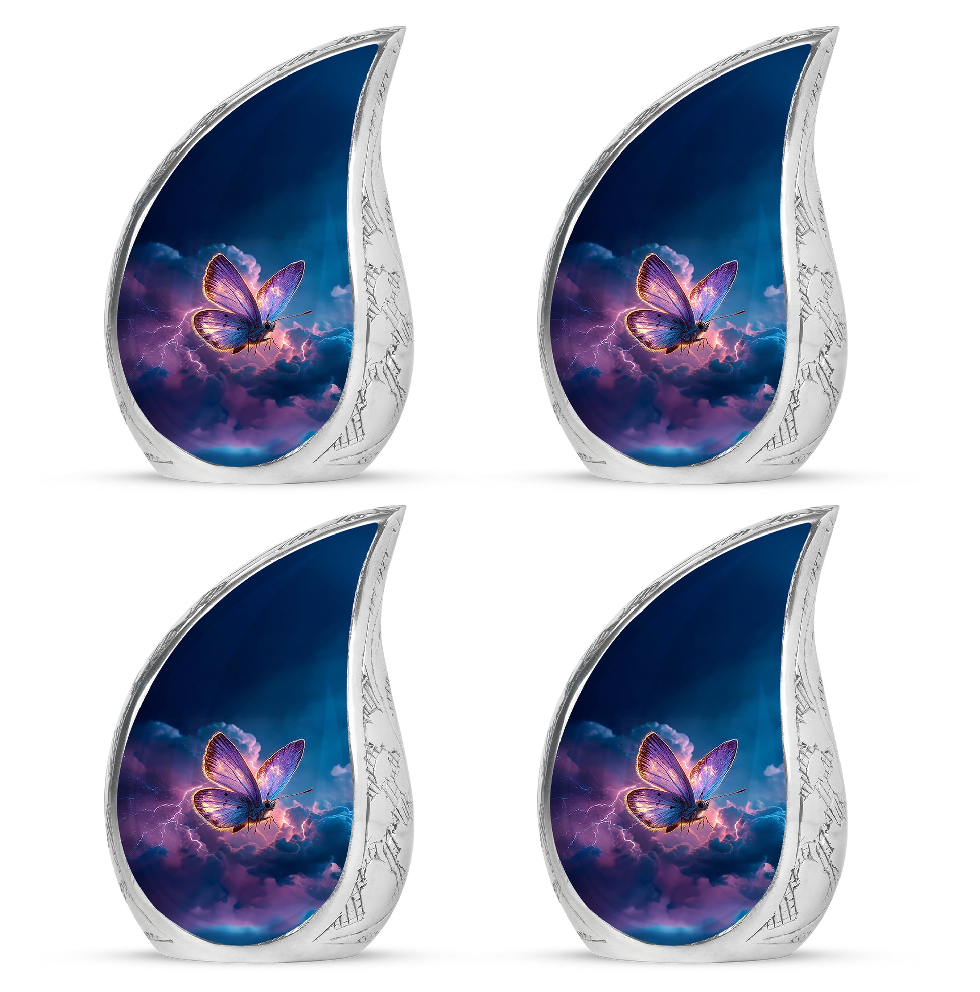 Misty Blue Butterfly Cremation Urn close-up of engraving and surface detail - flowing teardrop butterfly silhouette on curved aluminum - 10 inch aluminum urn for cremated remains