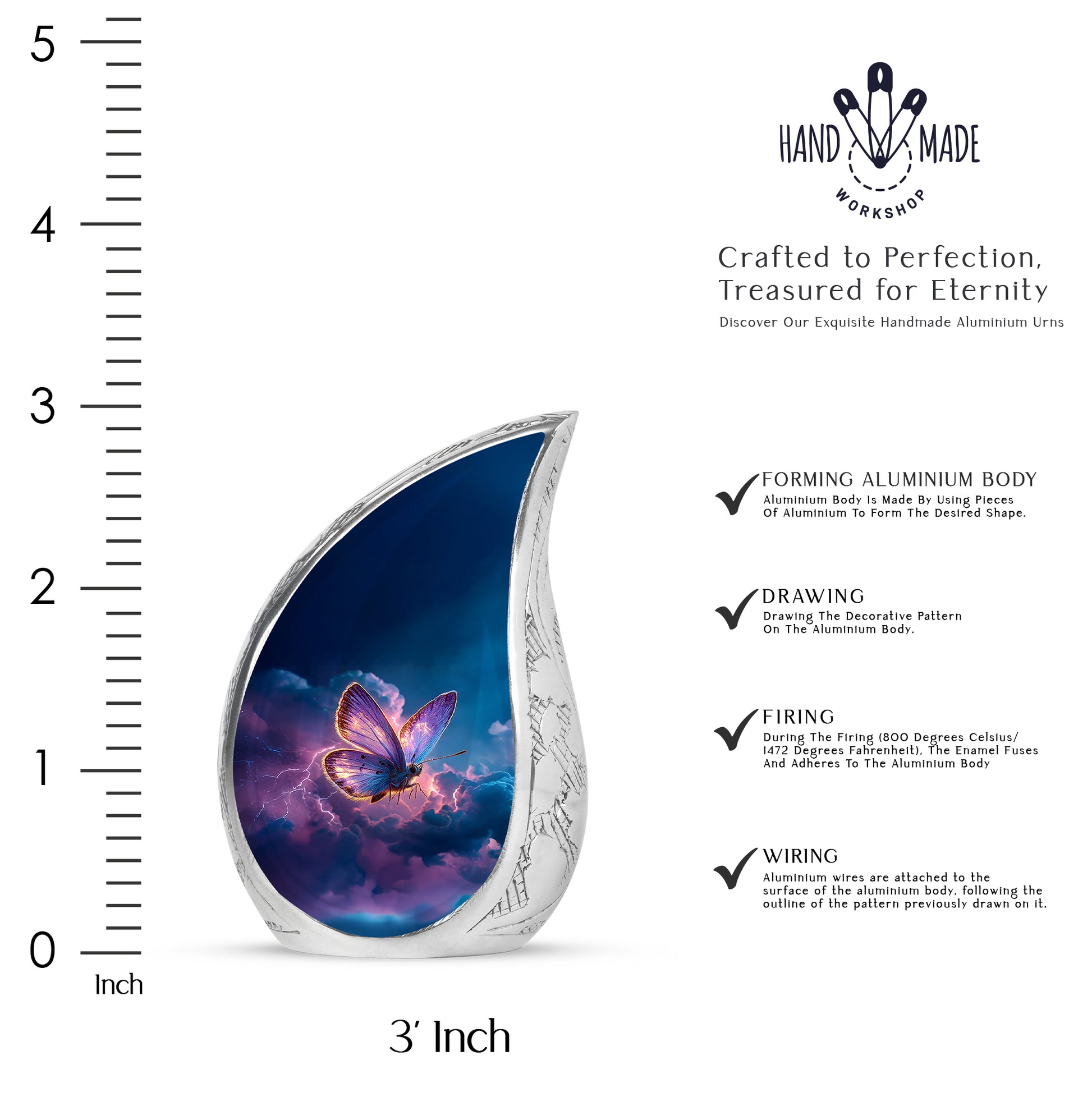 Pastel Blue Butterfly Cremation Urn angled view of lid and engraved motif - flowing teardrop butterfly silhouette on curved aluminum - mini keepsake memorial for portion of cremation ashes
