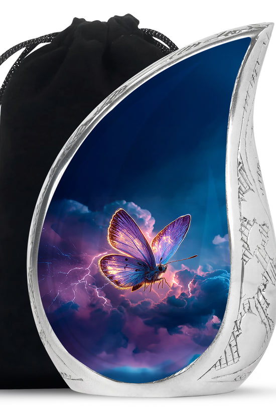 Azure Butterfly Cremation Urn front view showing detailed design - rounded teardrop butterfly design with delicate detail - full-size 10 inch 200 cubic inch adult cremation urn