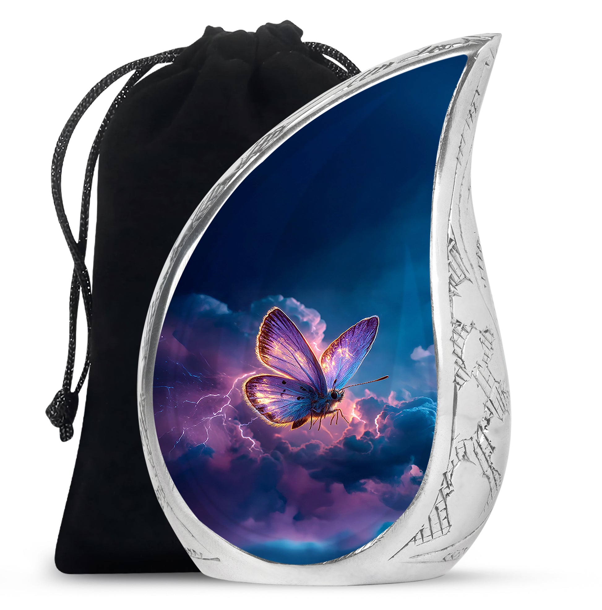 Azure Butterfly Cremation Urn front view showing detailed design - rounded teardrop butterfly design with delicate detail - full-size 10 inch 200 cubic inch adult cremation urn