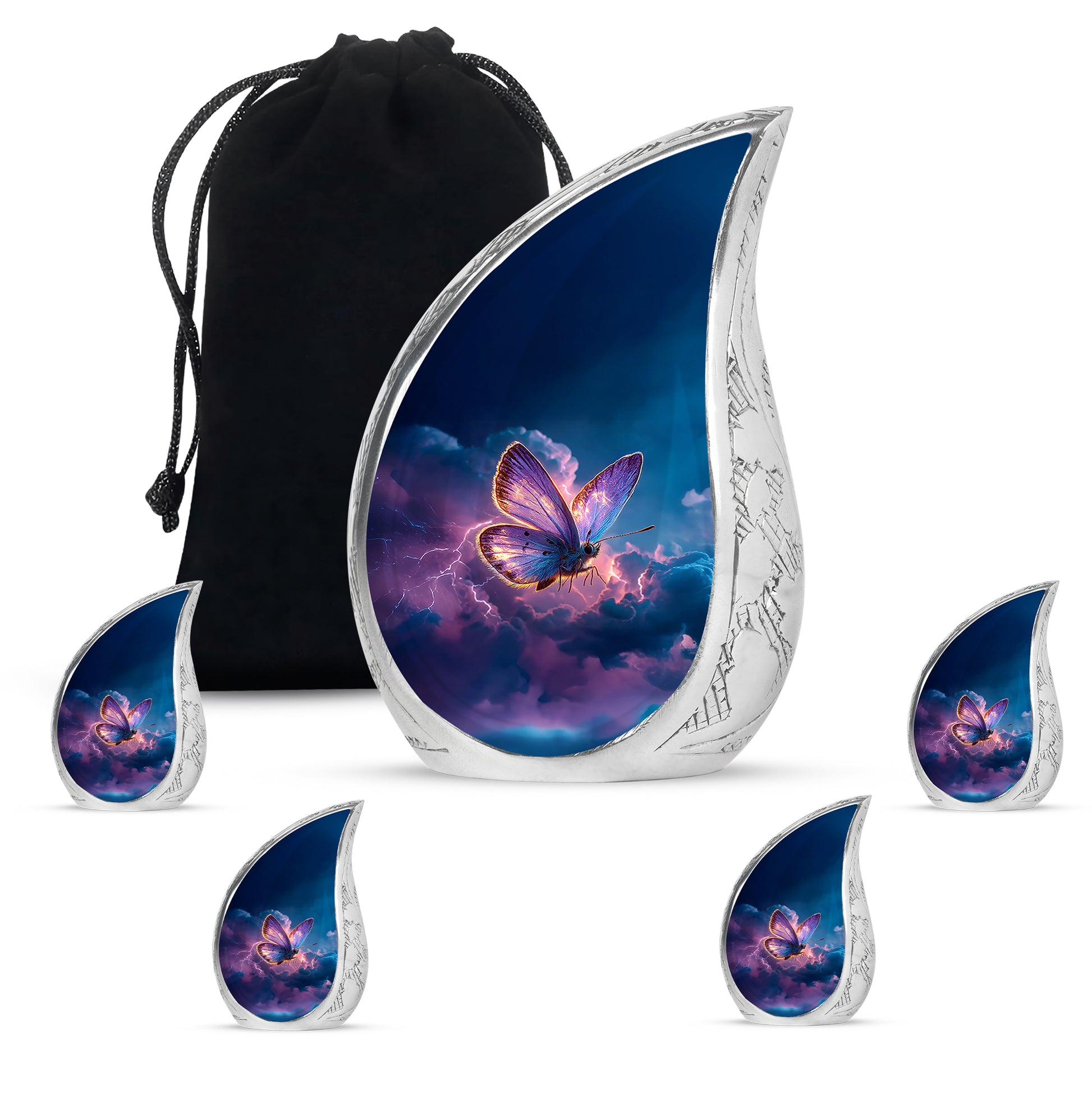 Cobalt Blue Butterfly Cremation Urn side profile showing urn shape - graceful tear-shaped urn with butterfly motif - memorial set with one large and four small urns