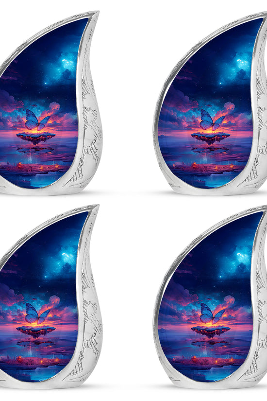 Azure Butterfly Cremation Urn close-up of engraving and surface detail - rounded teardrop butterfly design with delicate detail - 10 inch aluminum urn for cremated remains