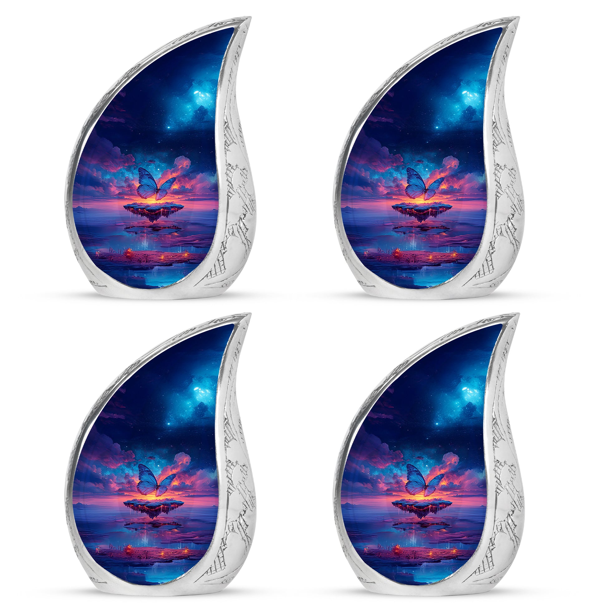 Azure Butterfly Cremation Urn close-up of engraving and surface detail - rounded teardrop butterfly design with delicate detail - 10 inch aluminum urn for cremated remains