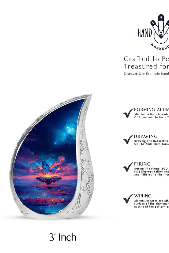 Calming Blue Butterfly Cremation Urn angled view of lid and engraved motif - graceful tear-shaped urn with butterfly motif - mini keepsake memorial for portion of cremation ashes