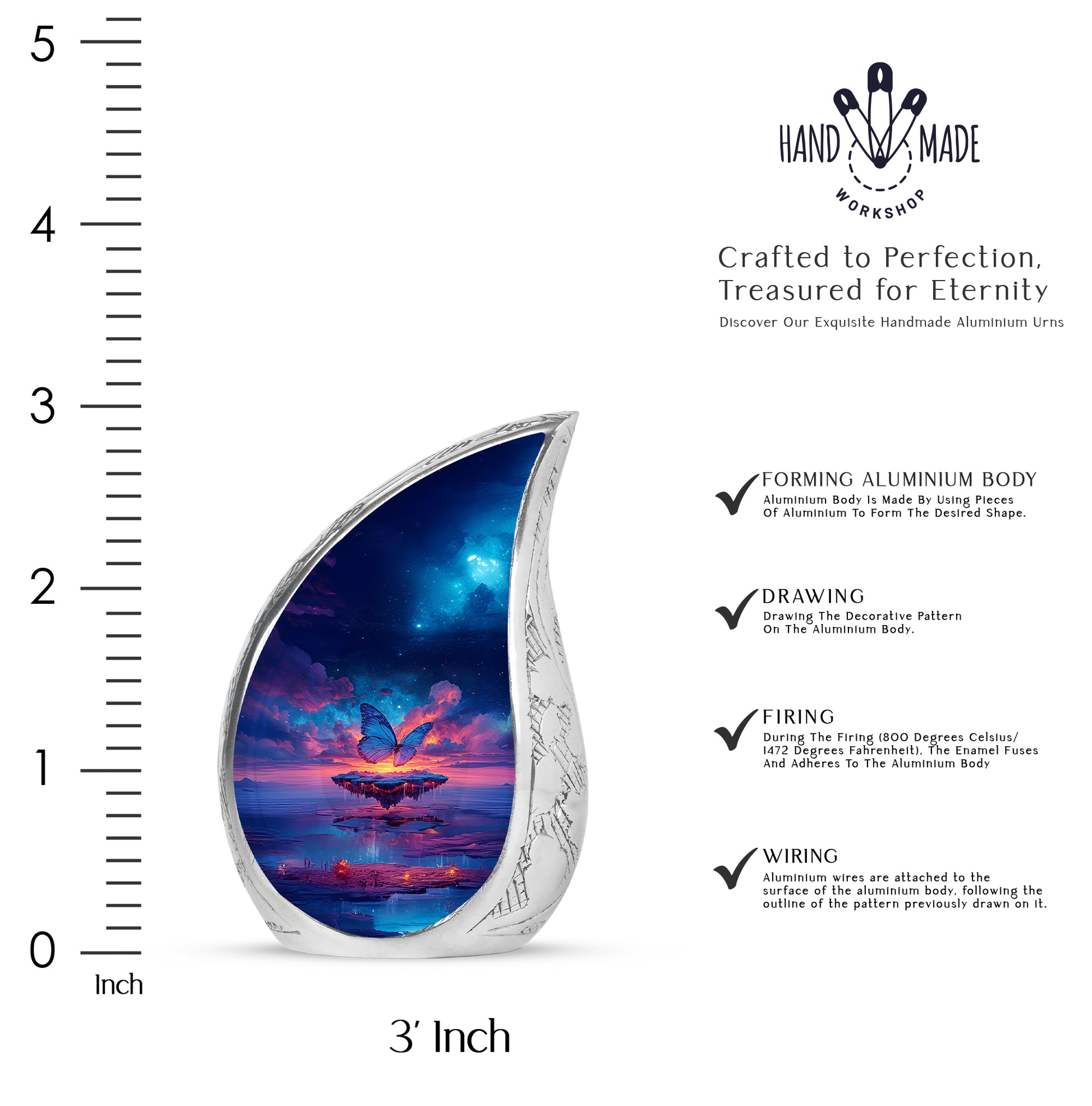 Calming Blue Butterfly Cremation Urn angled view of lid and engraved motif - graceful tear-shaped urn with butterfly motif - mini keepsake memorial for portion of cremation ashes
