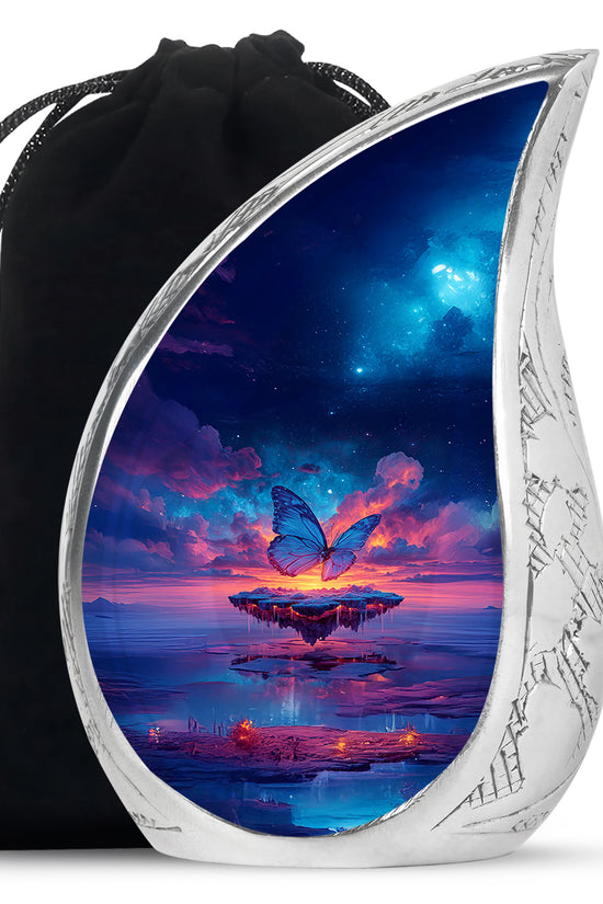 Slate Blue Butterfly Cremation Urn front view showing detailed design - flowing teardrop butterfly silhouette on curved aluminum - full-size 10 inch 200 cubic inch adult cremation urn