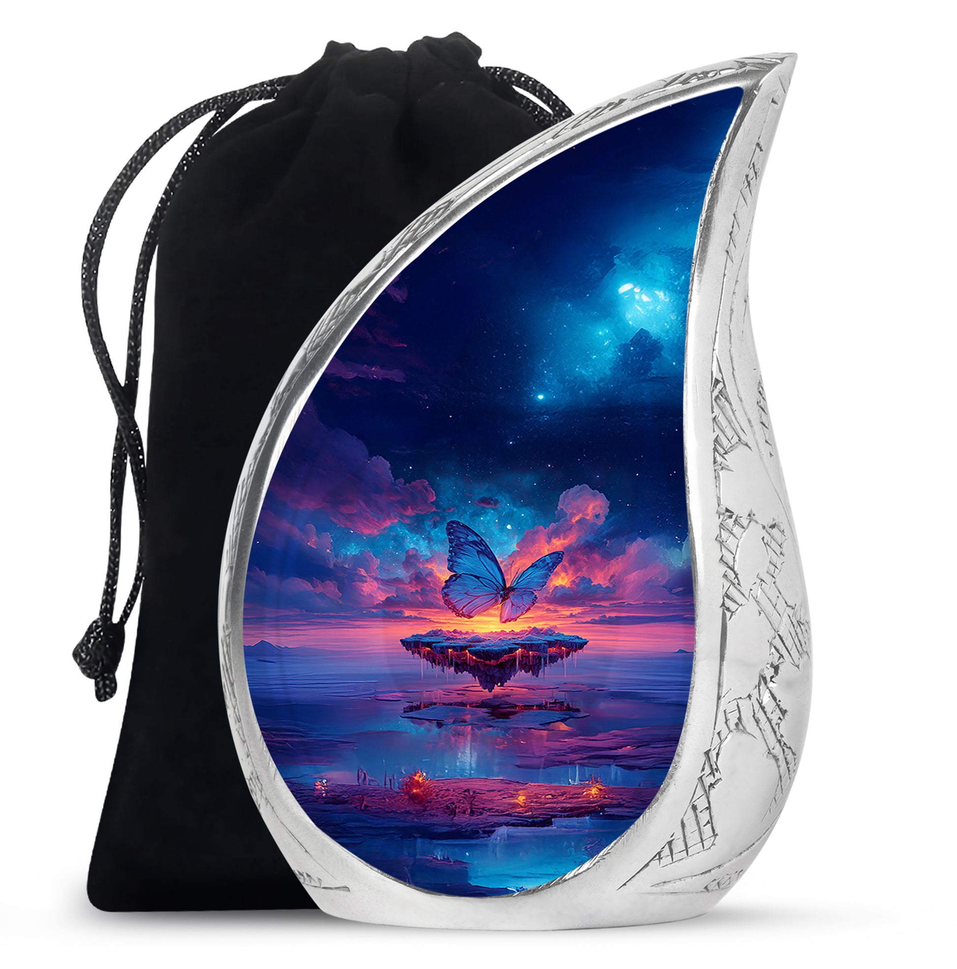 Slate Blue Butterfly Cremation Urn front view showing detailed design - flowing teardrop butterfly silhouette on curved aluminum - full-size 10 inch 200 cubic inch adult cremation urn
