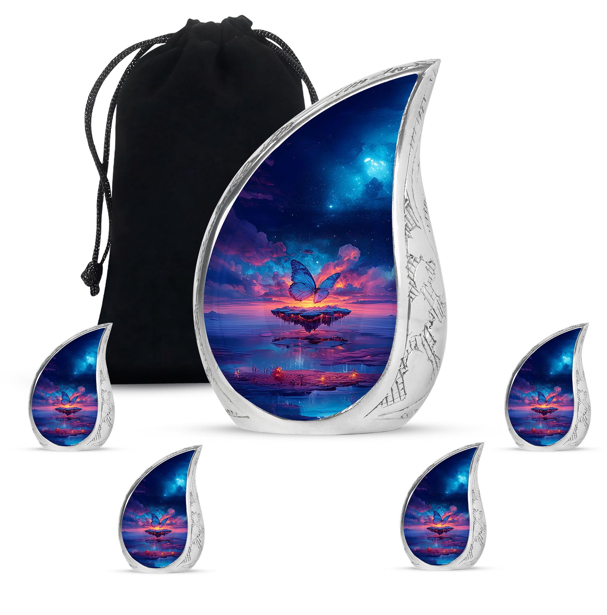 Celestial Blue Butterfly Cremation Urn side profile showing urn shape - rounded teardrop butterfly design with delicate detail - memorial set with one large and four small urns