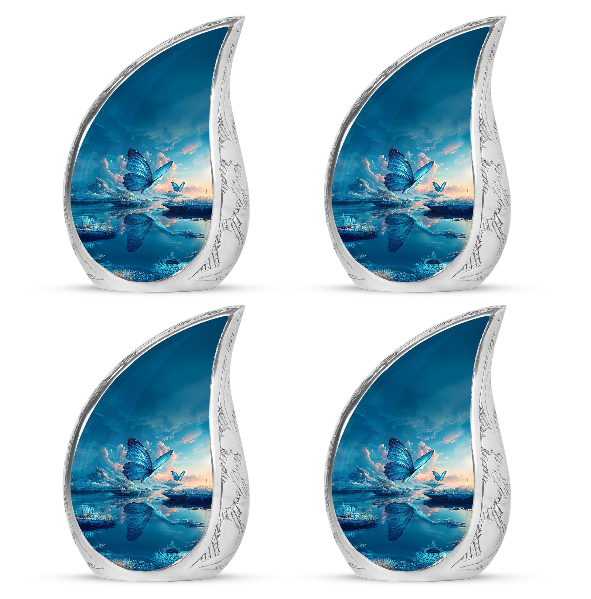 Serene Blue Butterfly Cremation Urn close-up of engraving and surface detail - smooth teardrop contour featuring butterfly art - 10 inch aluminum urn for cremated remains