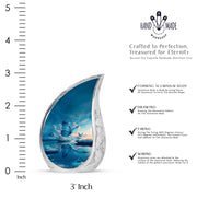 Azure Butterfly Cremation Urn angled view of lid and engraved motif - rounded teardrop butterfly design with delicate detail - mini keepsake memorial for portion of cremation ashes