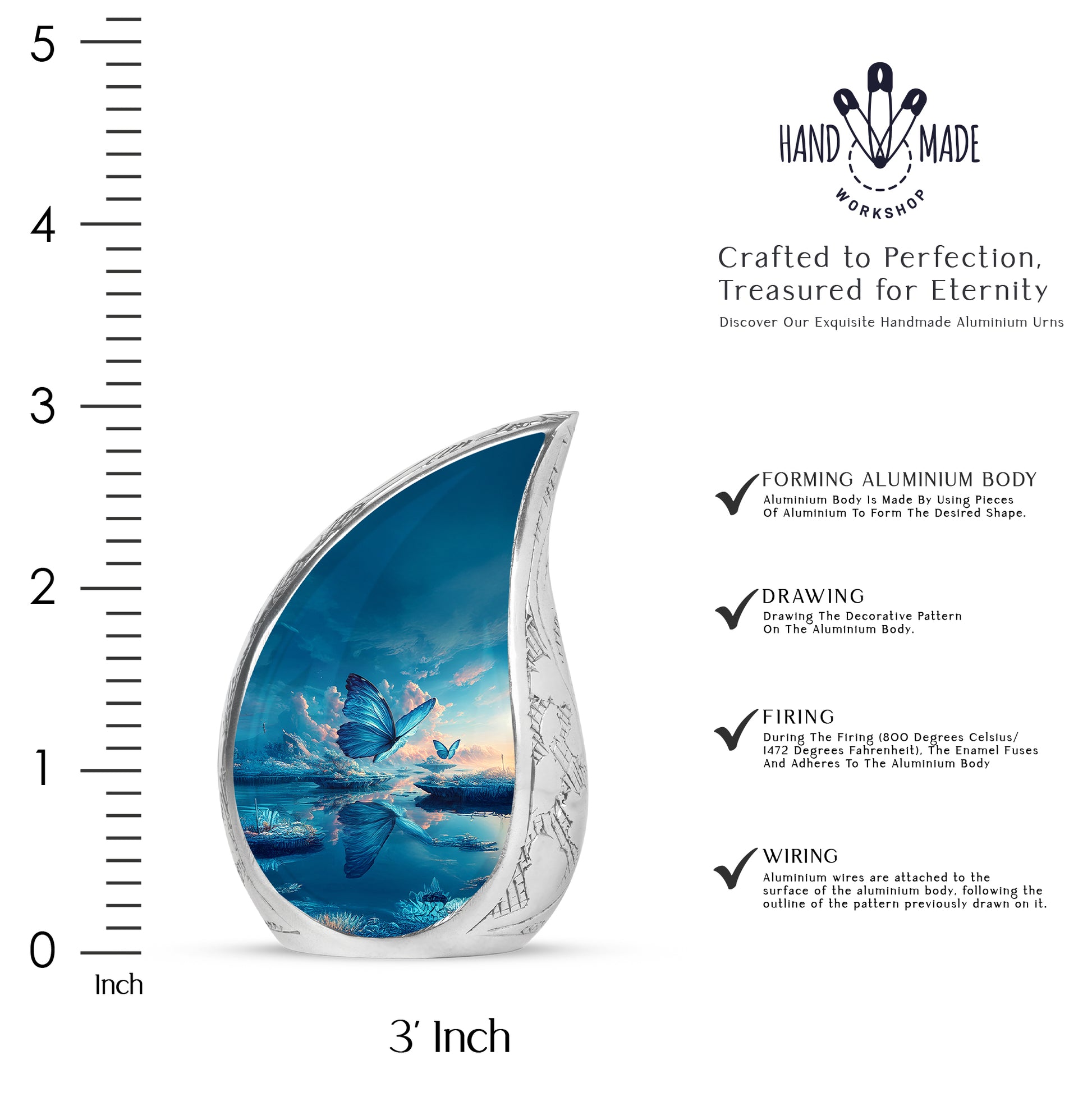 Azure Butterfly Cremation Urn angled view of lid and engraved motif - rounded teardrop butterfly design with delicate detail - mini keepsake memorial for portion of cremation ashes