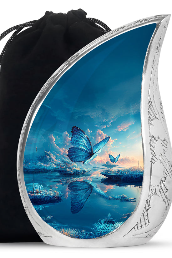 Twilight Blue Butterfly Cremation Urn front view showing detailed design - graceful tear-shaped urn with butterfly motif - full-size 10 inch 200 cubic inch adult cremation urn