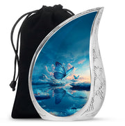 Twilight Blue Butterfly Cremation Urn front view showing detailed design - graceful tear-shaped urn with butterfly motif - full-size 10 inch 200 cubic inch adult cremation urn