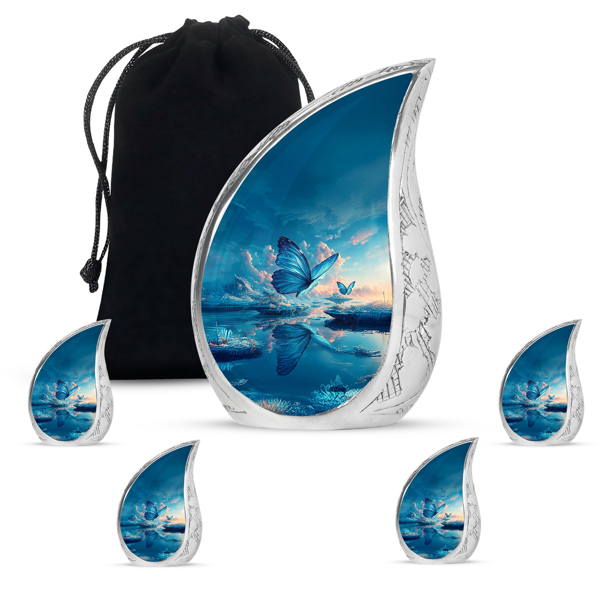 Twilight Blue Butterfly Cremation Urn side profile showing urn shape - graceful tear-shaped urn with butterfly motif - memorial set with one large and four small urns