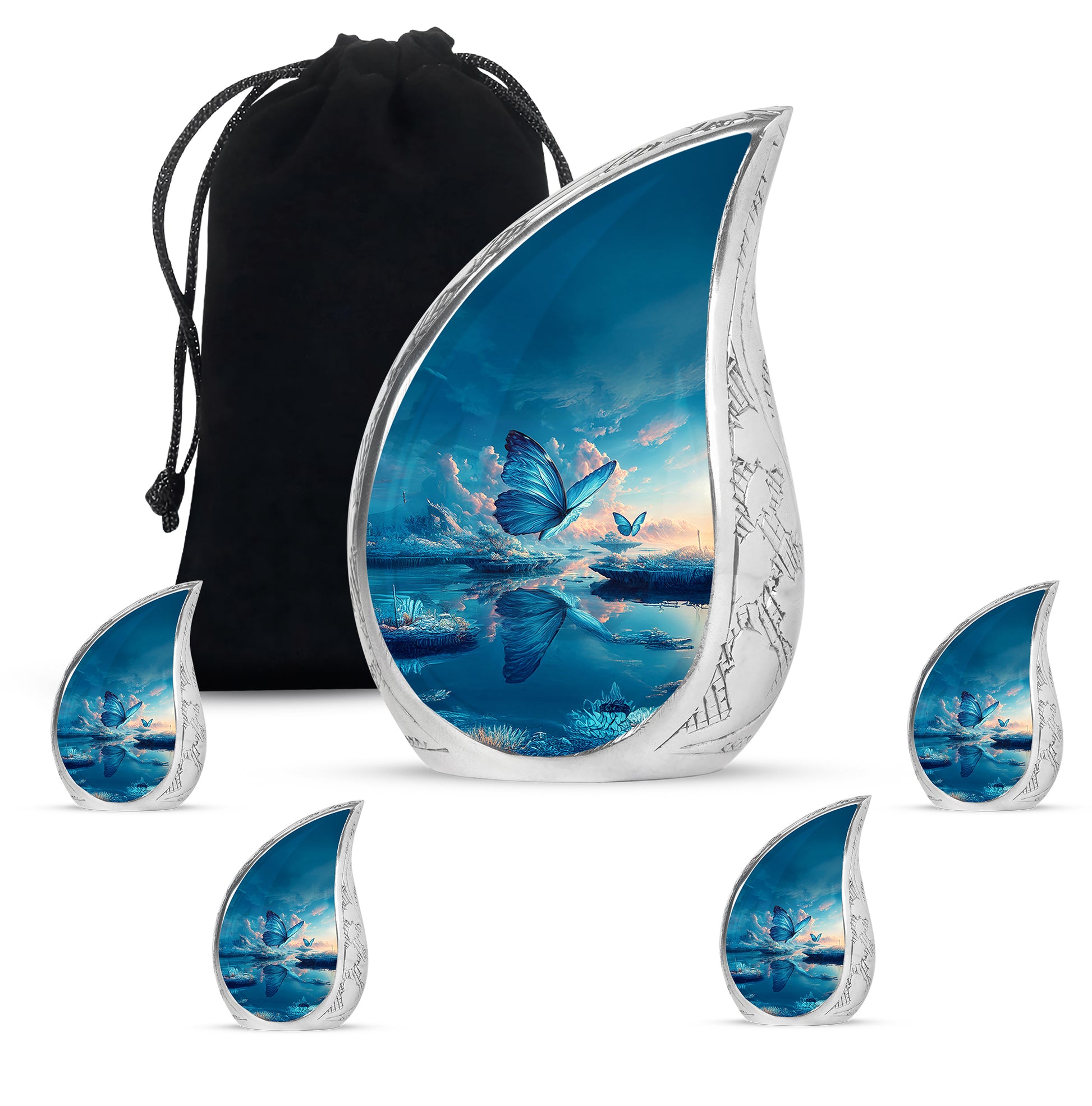 Twilight Blue Butterfly Cremation Urn side profile showing urn shape - graceful tear-shaped urn with butterfly motif - memorial set with one large and four small urns