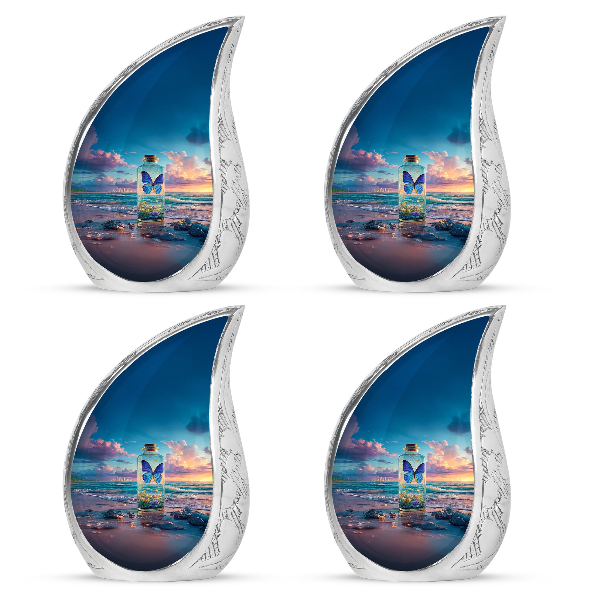 Azure Butterfly Cremation Urn close-up of engraving and surface detail - flowing teardrop butterfly silhouette on curved aluminum - 10 inch aluminum urn for cremated remains