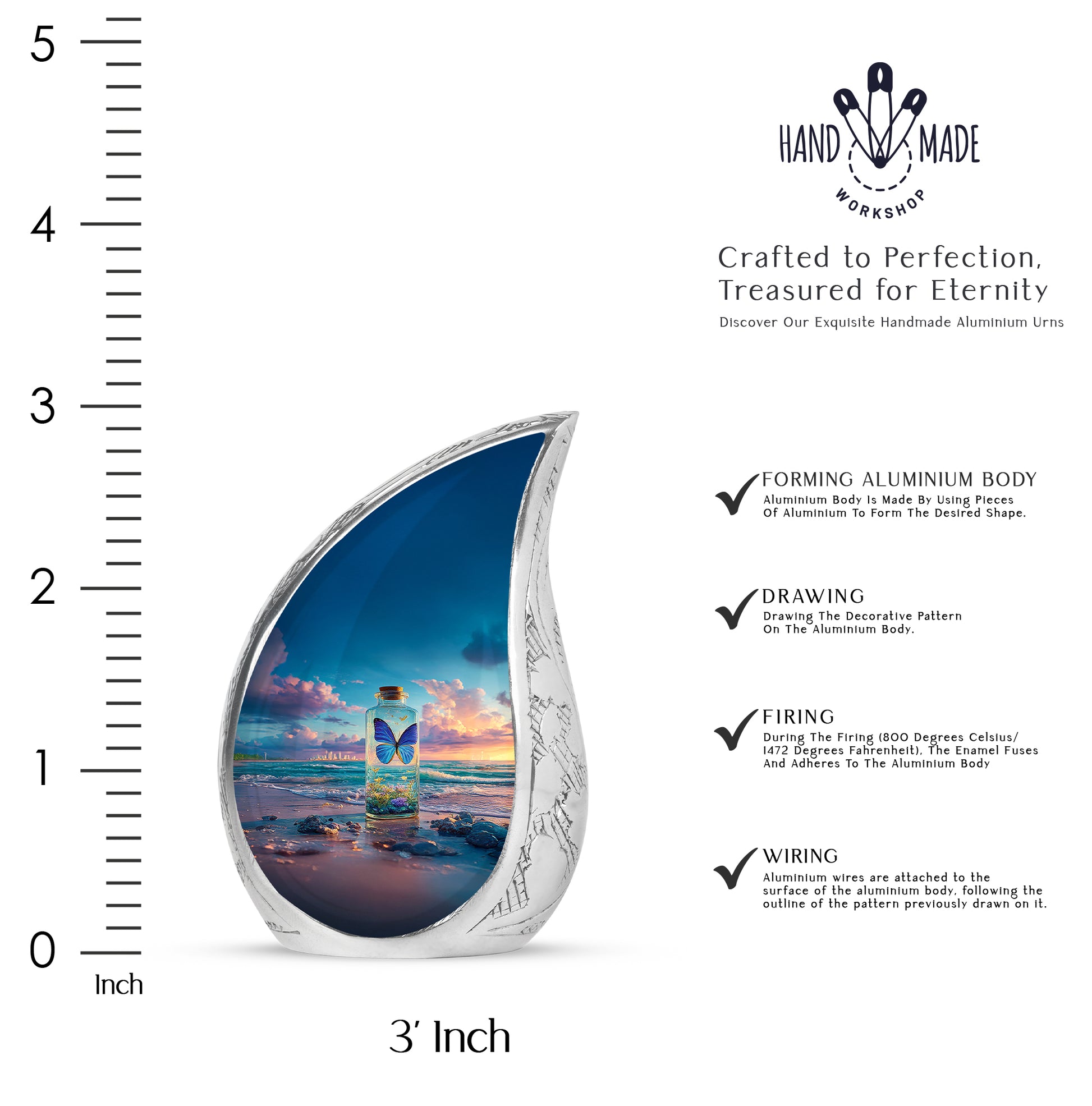 Cornflower Blue Butterfly Cremation Urn angled view of lid and engraved motif - smooth teardrop contour featuring butterfly art - mini keepsake memorial for portion of cremation ashes
