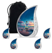Sky Blue Butterfly Cremation Urn side profile showing urn shape - flowing teardrop butterfly silhouette on curved aluminum - memorial set with one large and four small urns