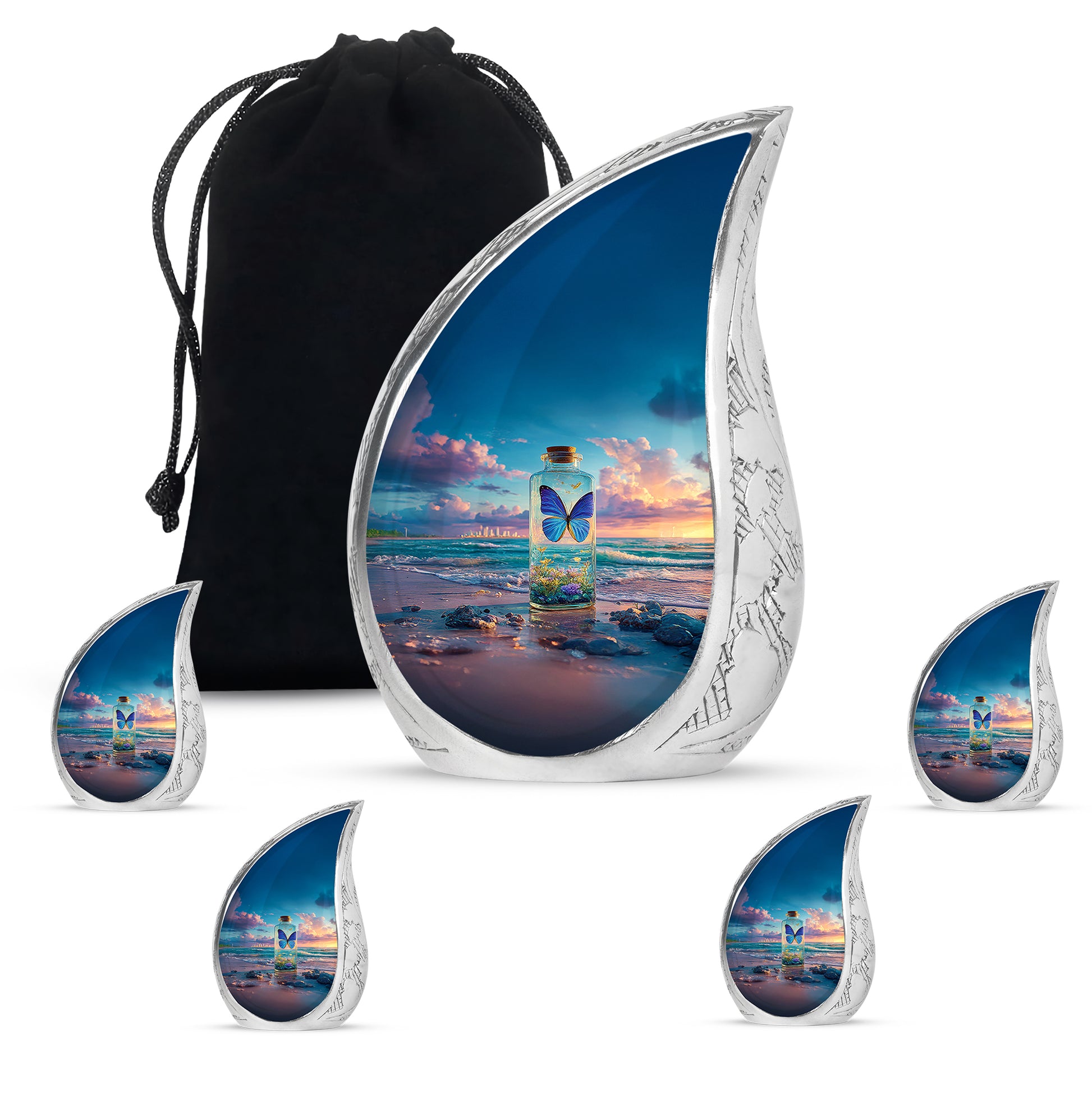 Sky Blue Butterfly Cremation Urn side profile showing urn shape - flowing teardrop butterfly silhouette on curved aluminum - memorial set with one large and four small urns