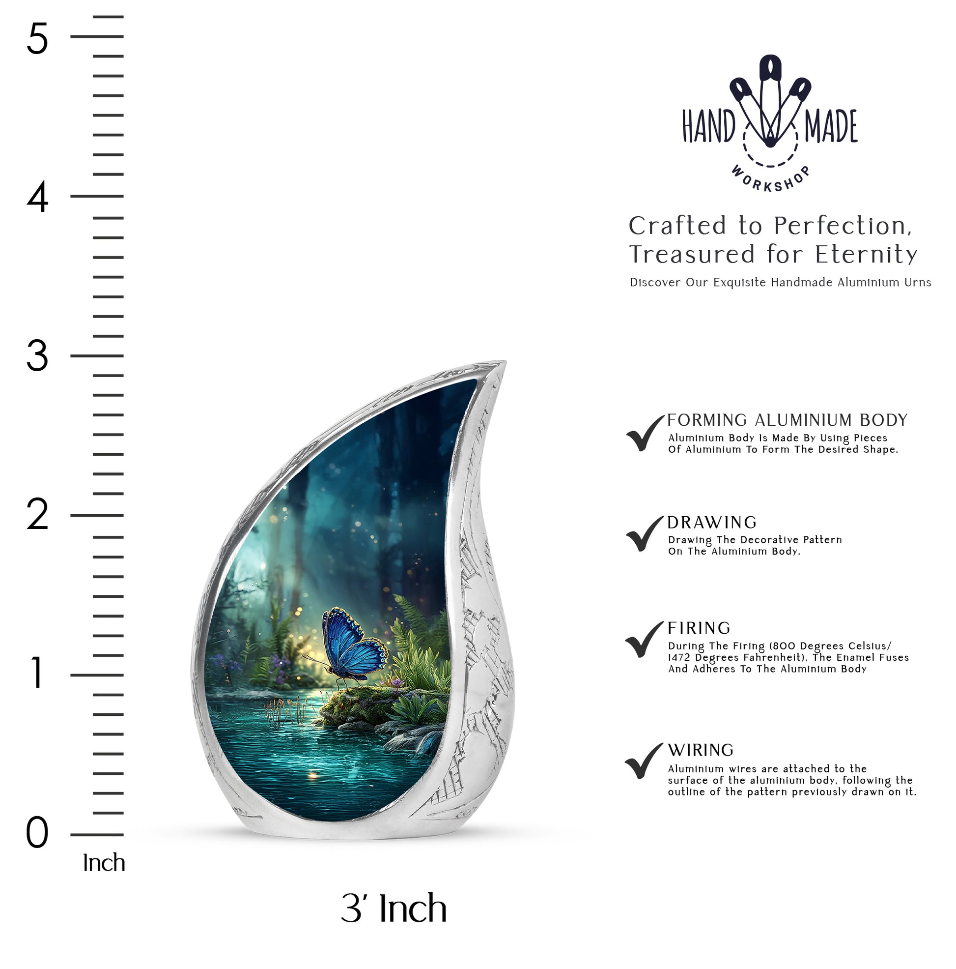 Serene Blue Butterfly Cremation Urn angled view of lid and engraved motif - graceful tear-shaped urn with butterfly motif - mini keepsake memorial for portion of cremation ashes