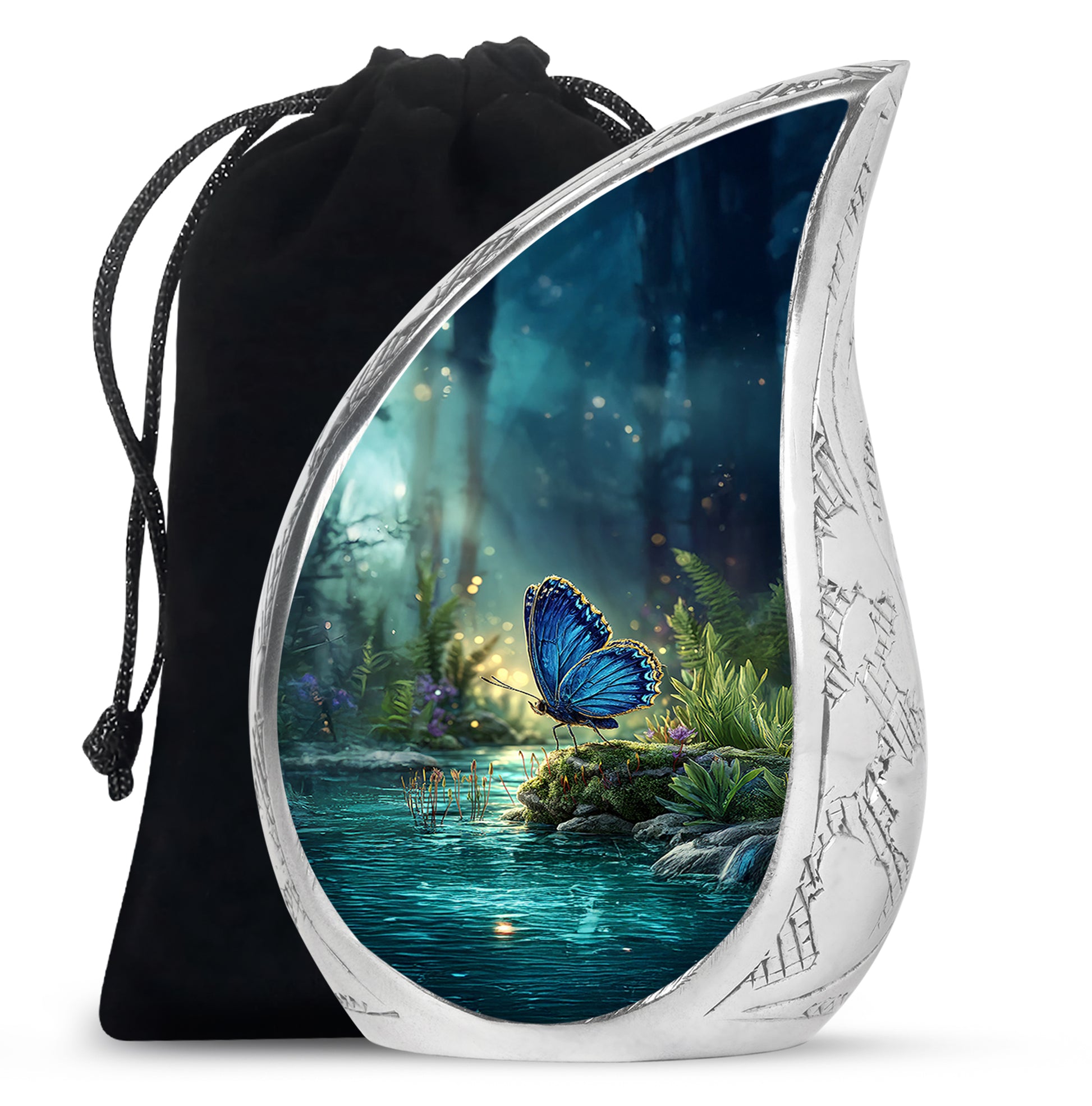 Slate Blue Butterfly Cremation Urn front view showing detailed design - flowing teardrop butterfly silhouette on curved aluminum - full-size 10 inch 200 cubic inch adult cremation urn